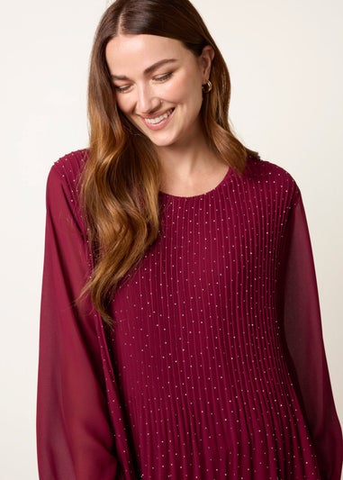 Blue Vanilla Burgundy Rhinestone Pleated Chiffon Top