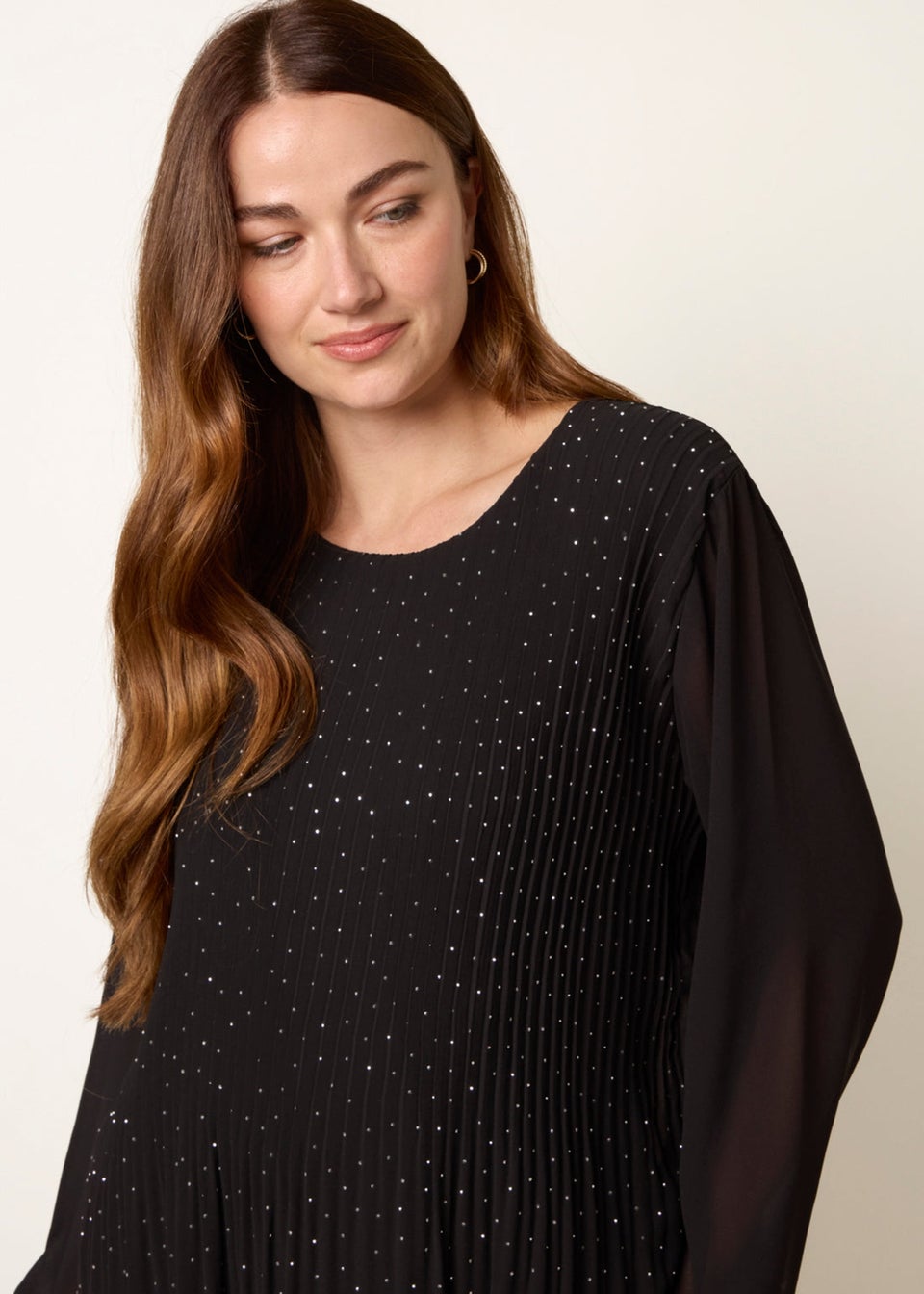 Blue Vanilla Black Rhinestone Pleated Chiffon Top