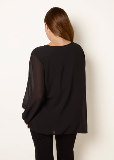 Blue Vanilla Black Rhinestone Pleated Chiffon Top