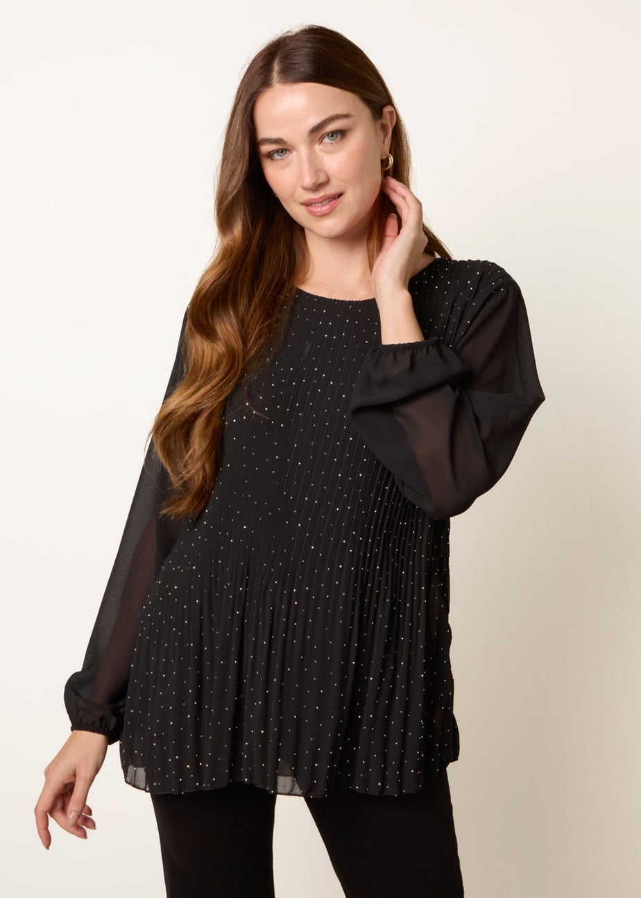 Blue Vanilla Black Rhinestone Pleated Chiffon Top