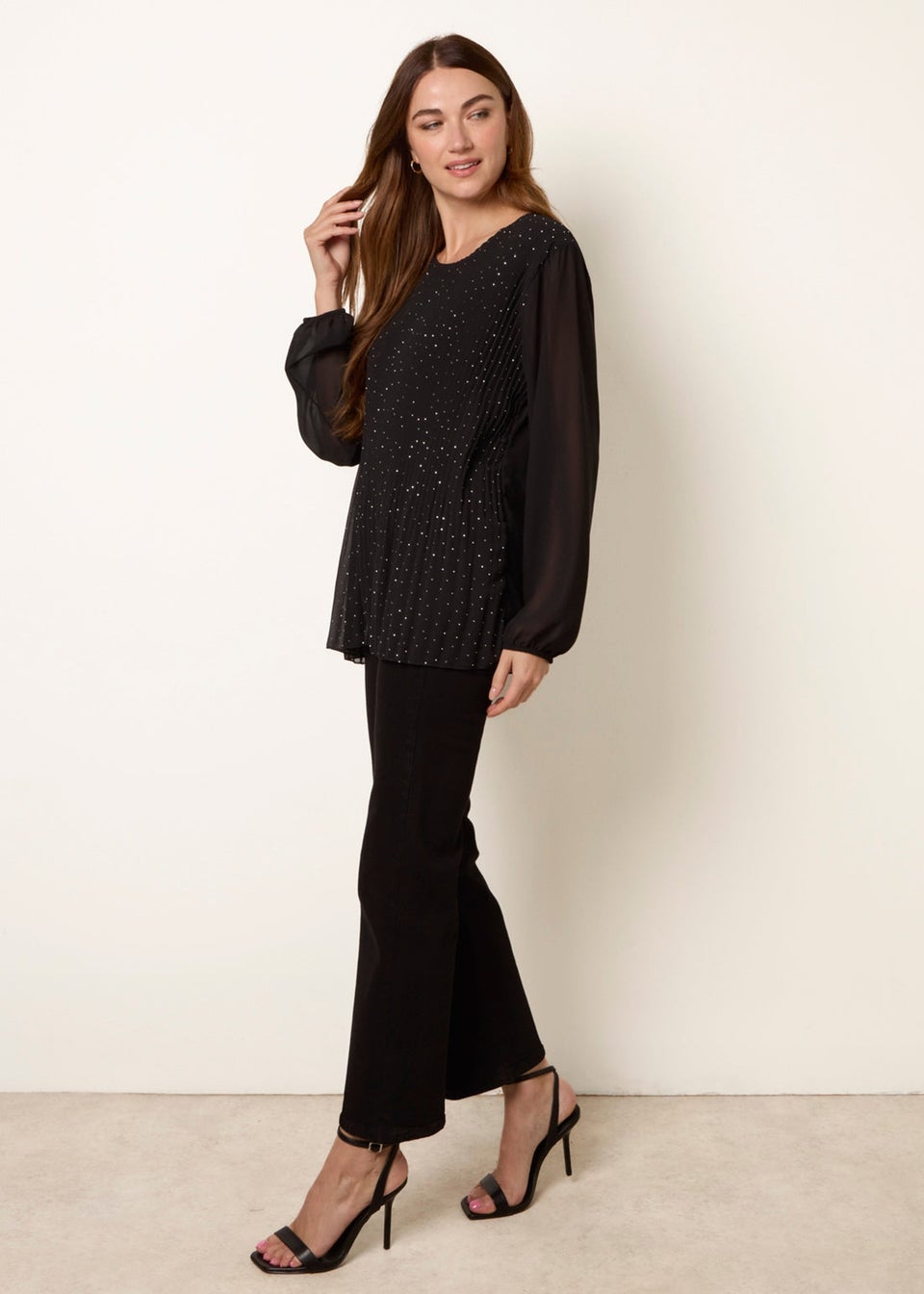 Blue Vanilla Black Rhinestone Pleated Chiffon Top