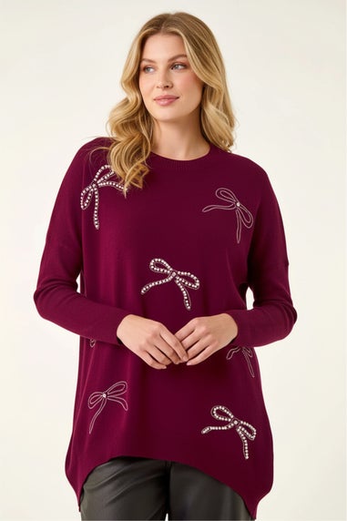 Roman Maroon Embellished Bow Knit Jumper