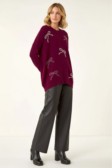 Roman Maroon Embellished Bow Knit Jumper