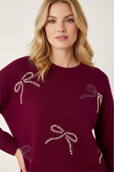 Roman Maroon Embellished Bow Knit Jumper