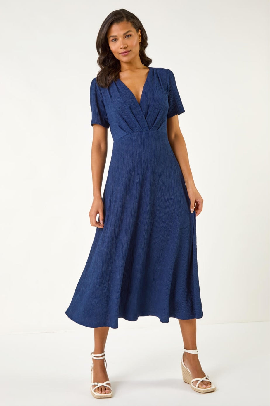 Roman Navy Textured Wrap Bodice Midi Dress