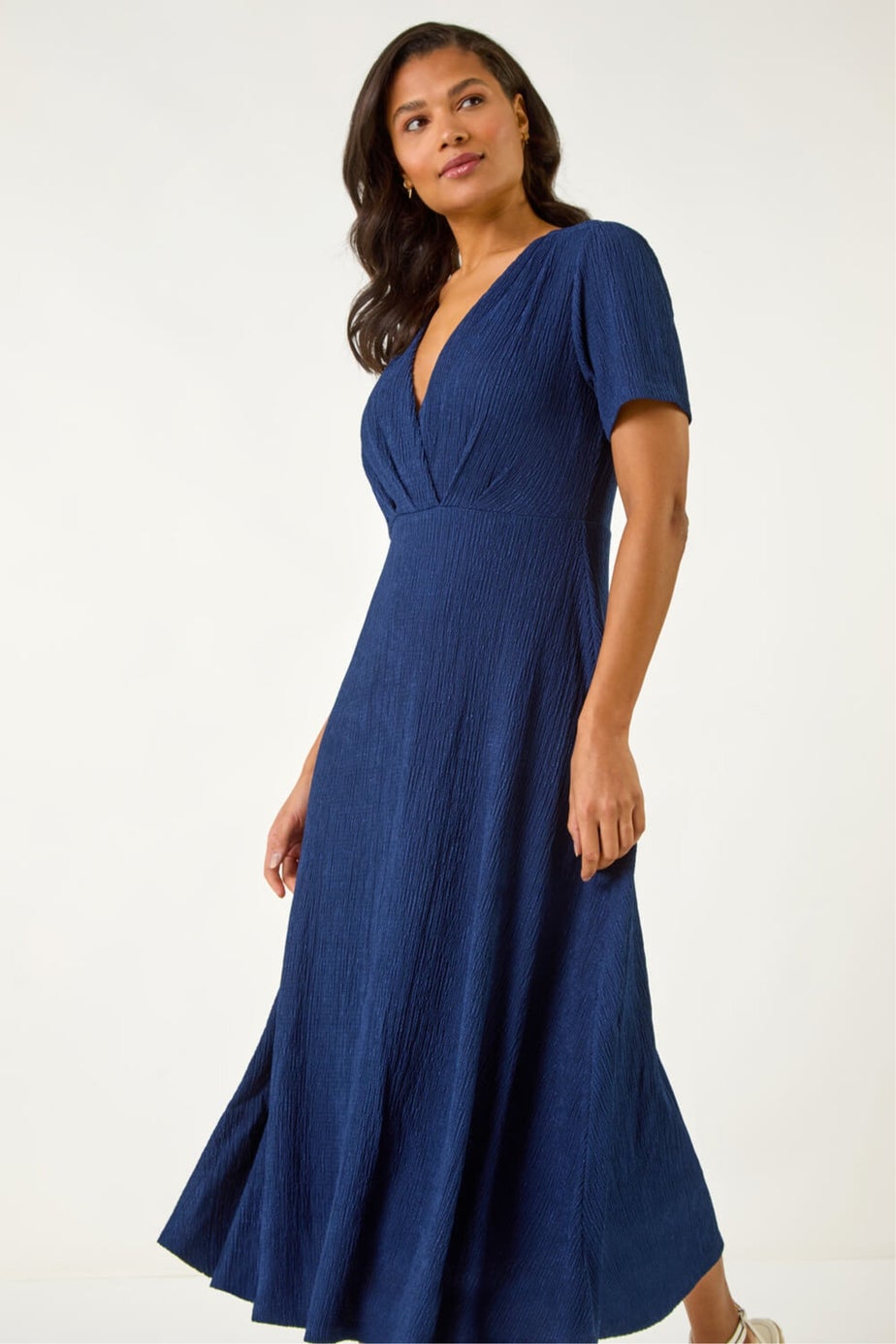 Roman Navy Textured Wrap Bodice Midi Dress