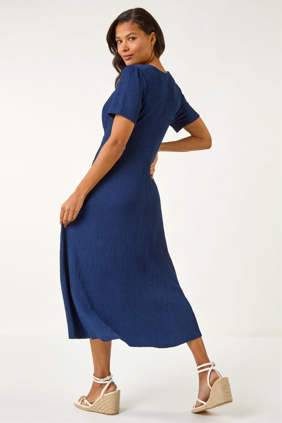 Roman Navy Textured Wrap Bodice Midi Dress