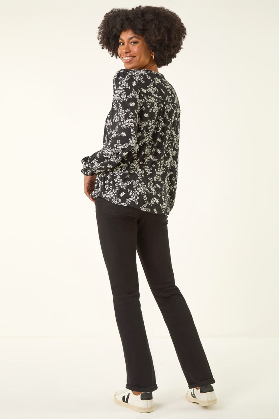 Roman Black Floral Print Long Sleeve Top