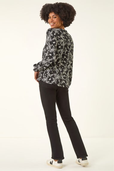 Roman Black Floral Print Long Sleeve Top