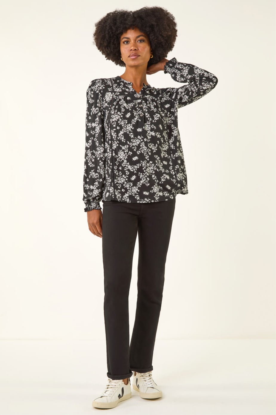 Roman Black Floral Print Long Sleeve Top