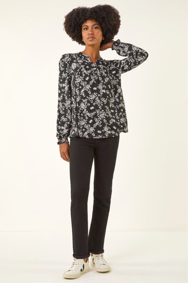 Roman Black Floral Print Long Sleeve Top