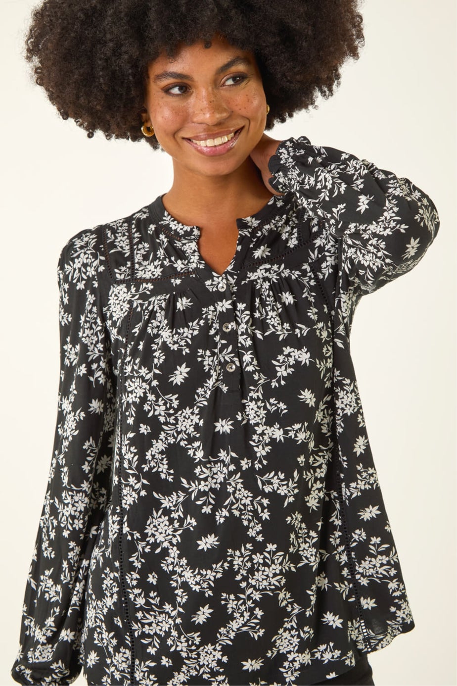 Roman Black Floral Print Long Sleeve Top