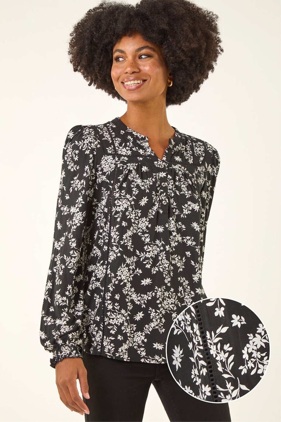 Roman Black Floral Print Long Sleeve Top