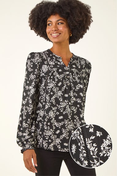 Roman Black Floral Print Long Sleeve Top