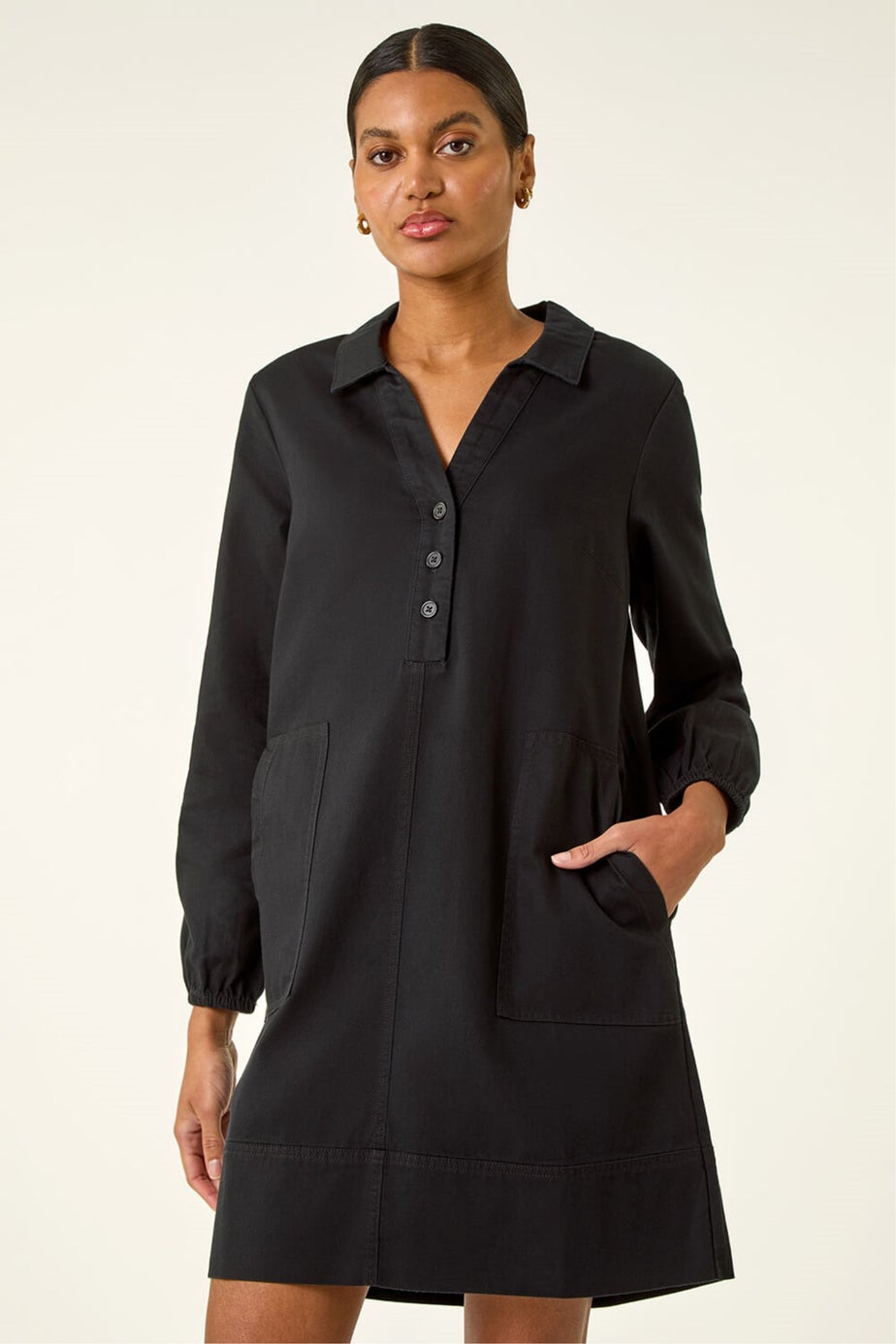 Roman Black Collared Shift Shirt Dress