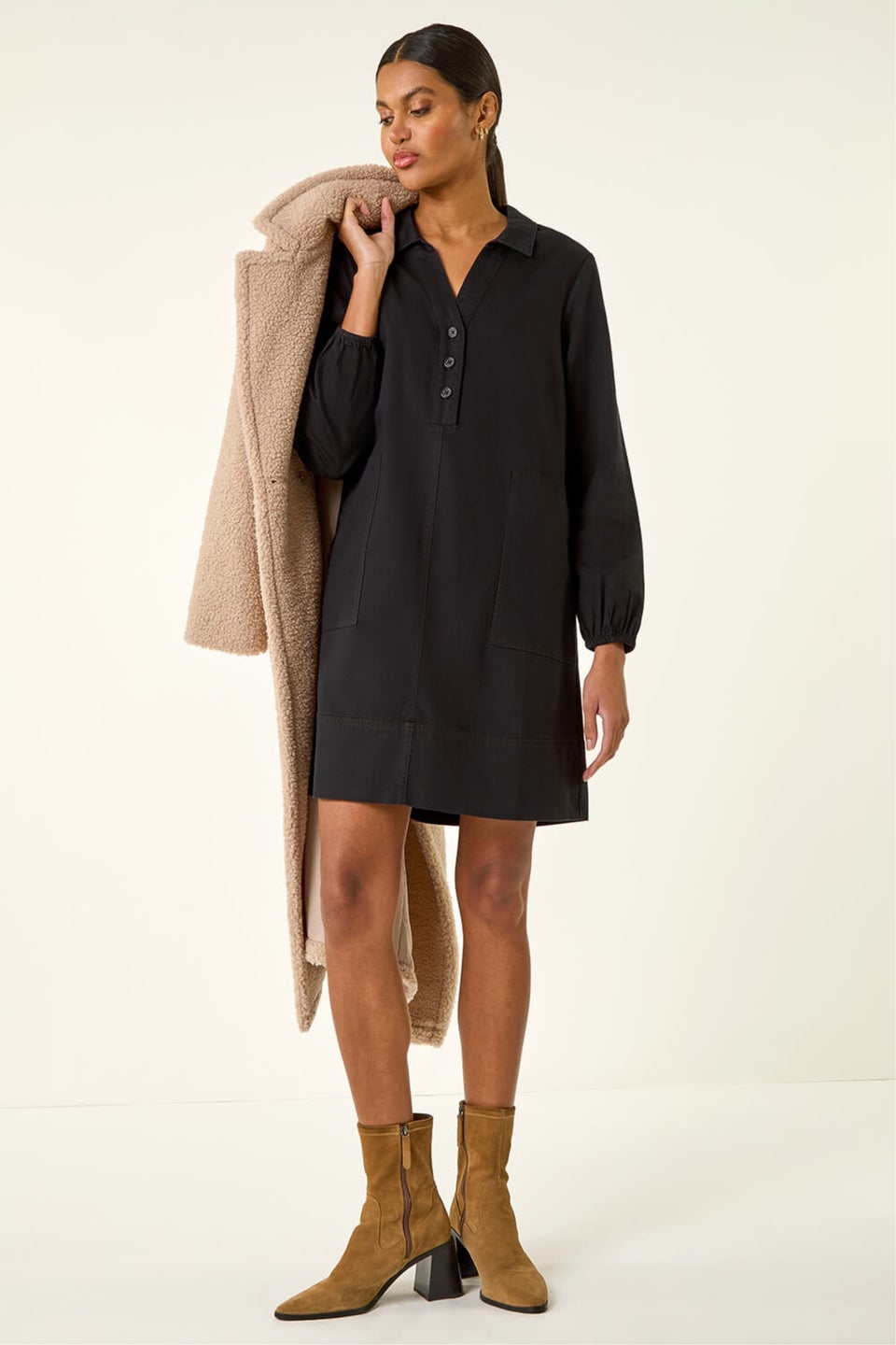Roman Black Collared Shift Shirt Dress