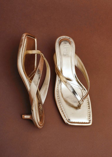 Linzi Potential Gold Faux Leather Toe Post Kitten Heel