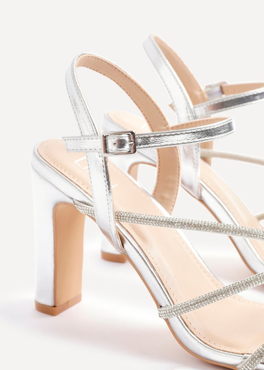 Linzi Matilda Silver Faux Leather Diamante Block Heel