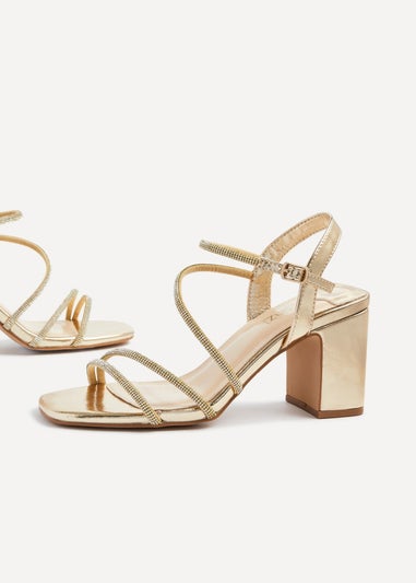 Linzi Kira Gold Faux Leather Strappy Diamante Block Heel