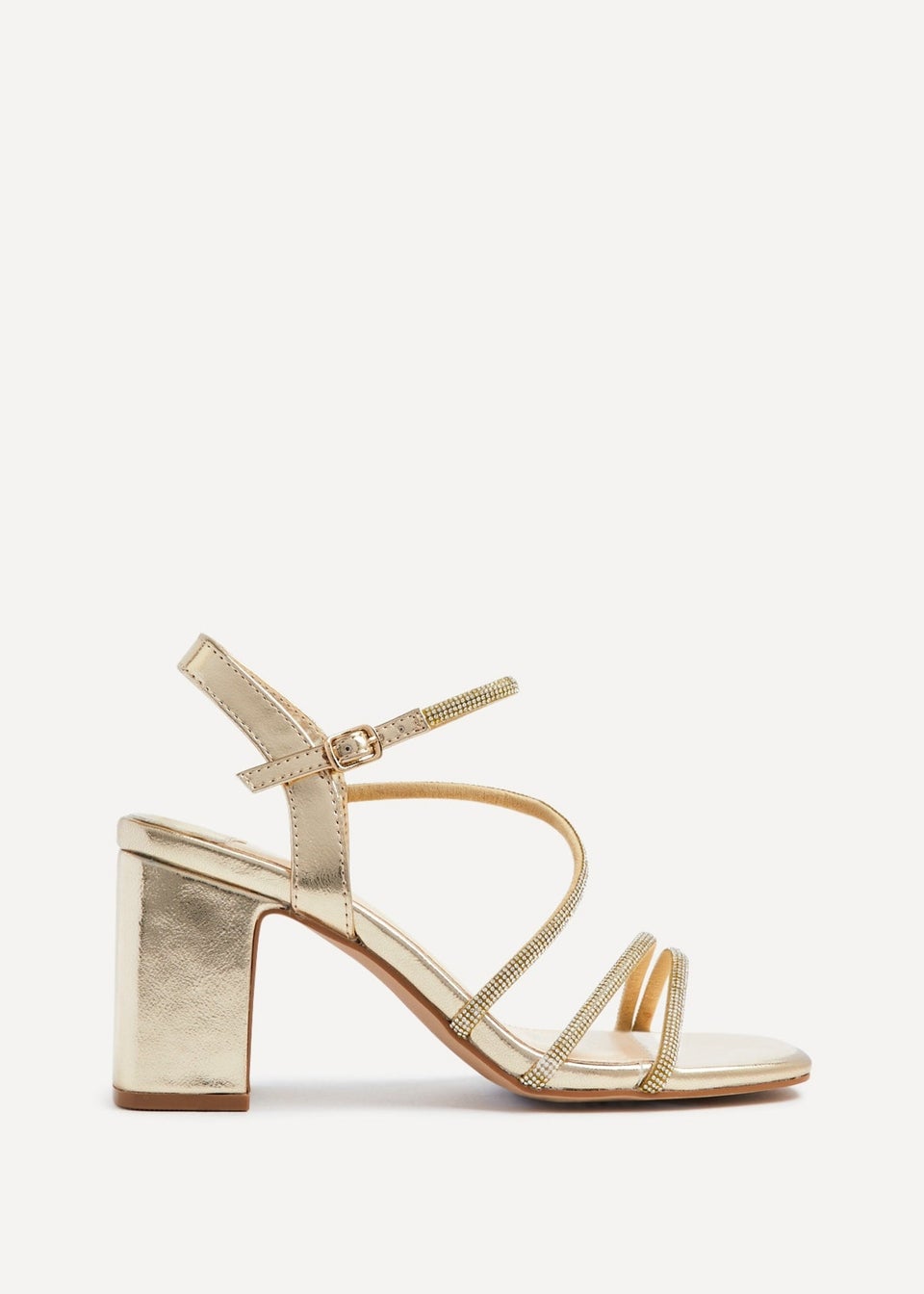 Linzi Kira Gold Faux Leather Strappy Diamante Block Heel