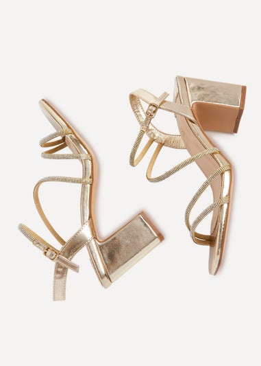 Linzi Kira Gold Faux Leather Strappy Diamante Block Heel