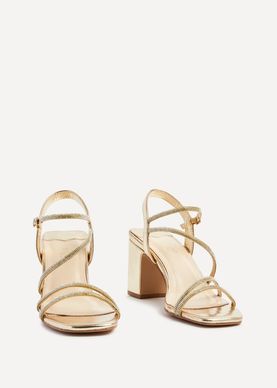 Linzi Kira Gold Faux Leather Strappy Diamante Block Heel