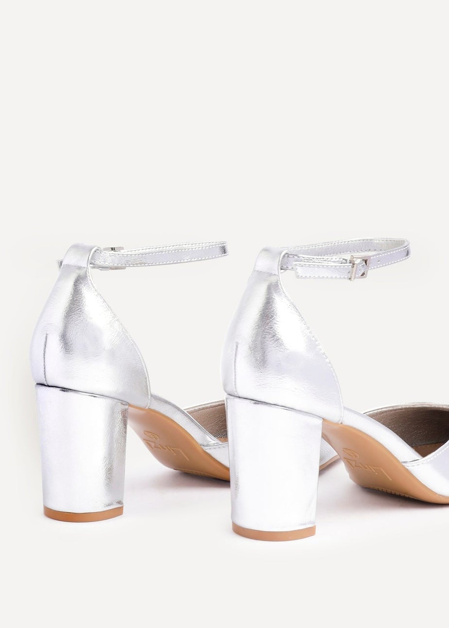 Linzi Leona Silver Faux Leather Closed Back Block Heeled Court Shoe