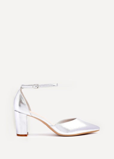 Linzi Leona Silver Faux Leather Closed Back Block Heeled Court Shoe