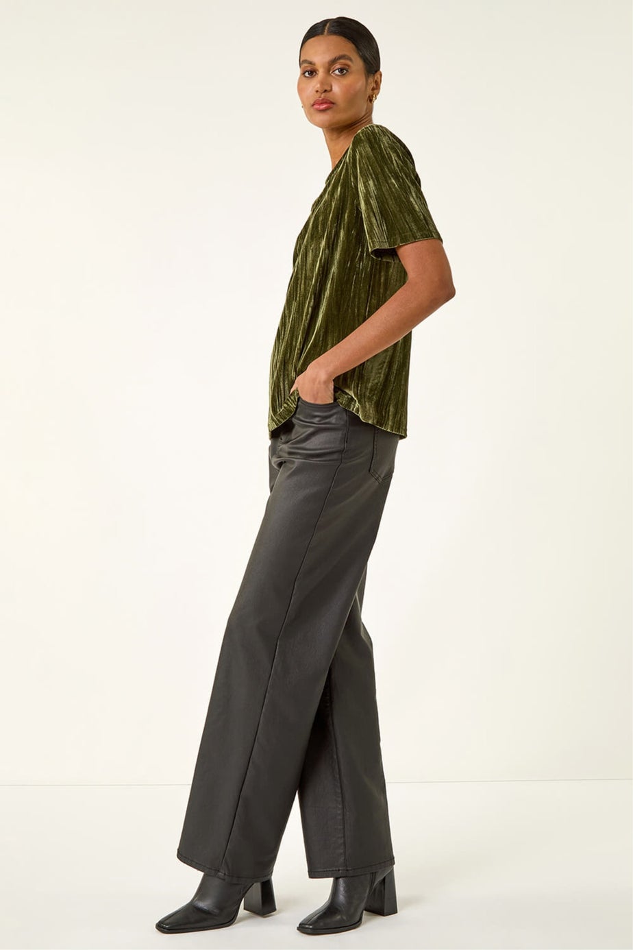 Roman Green Pleated Velvet Stretch Top