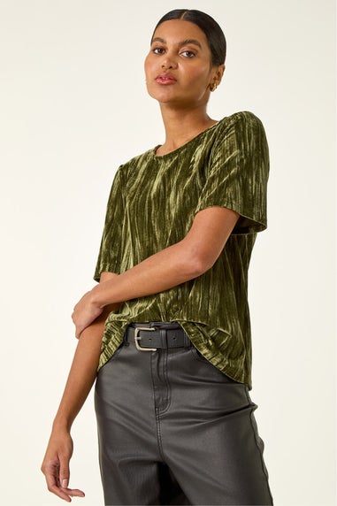 Roman Green Pleated Velvet Stretch Top
