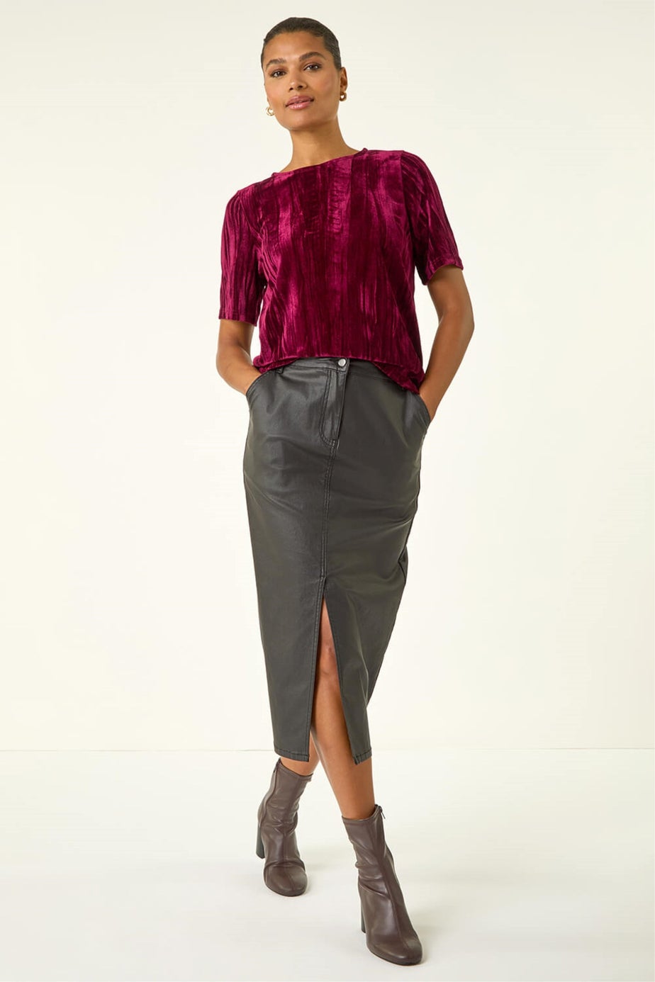Roman Wine Pleated Velvet Stretch Top