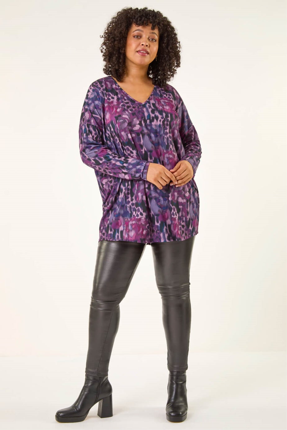 Roman Purple Curve Printed Stretch Tunic Top