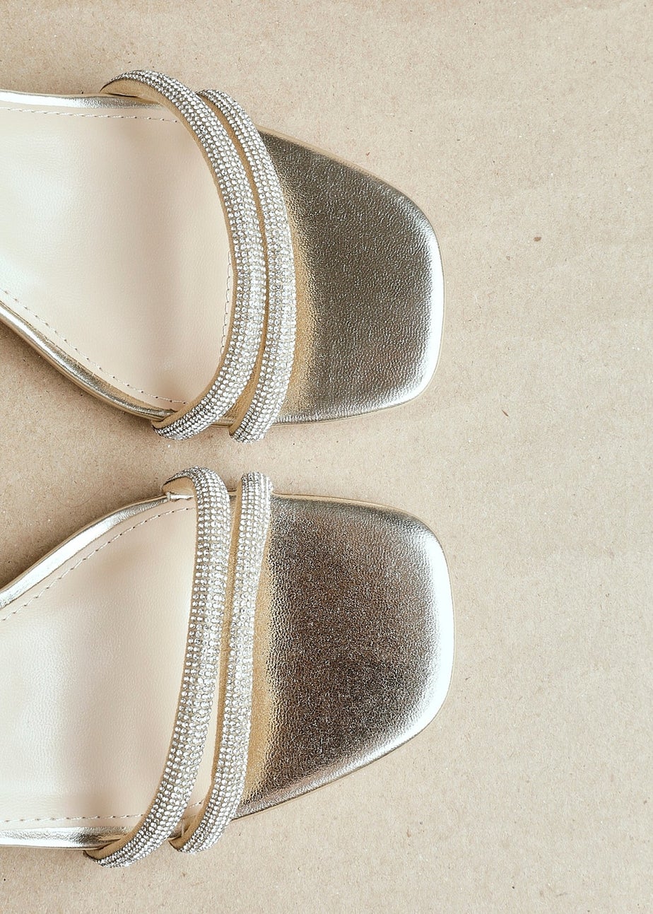 Linzi Bunty Gold Faux Leather Diamante Block Heeled Sandal