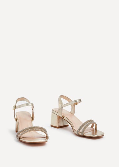 Linzi Bunty Gold Faux Leather Diamante Block Heeled Sandal