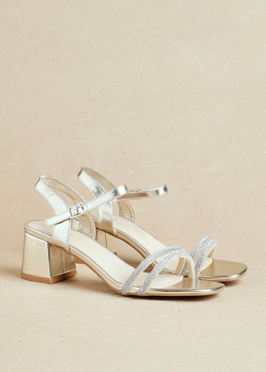 Linzi Bunty Gold Faux Leather Diamante Block Heeled Sandal