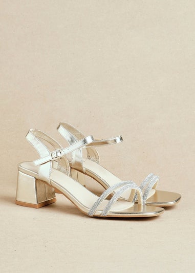 Linzi Bunty Gold Faux Leather Diamante Block Heeled Sandal