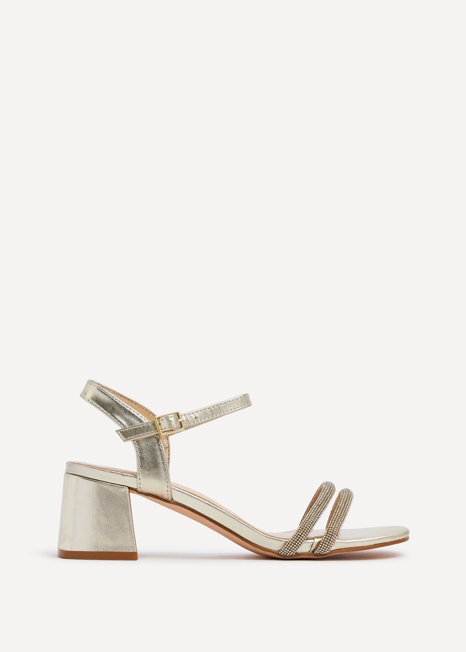 Linzi Bunty Gold Faux Leather Diamante Block Heeled Sandal