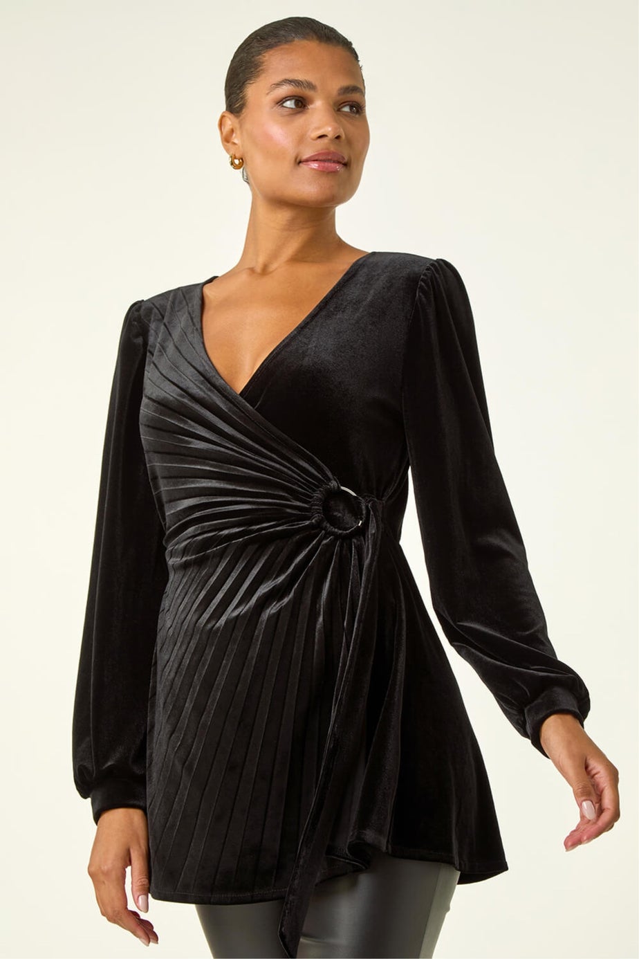 Roman Black Velvet Pleated Wrap Top