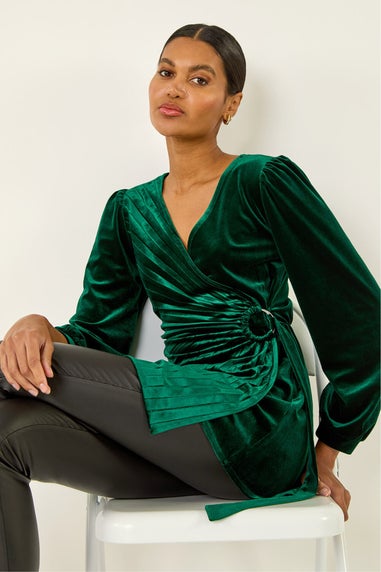 Roman Green Velvet Pleated Wrap Top