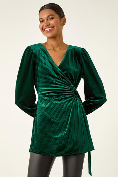Roman Green Velvet Pleated Wrap Top