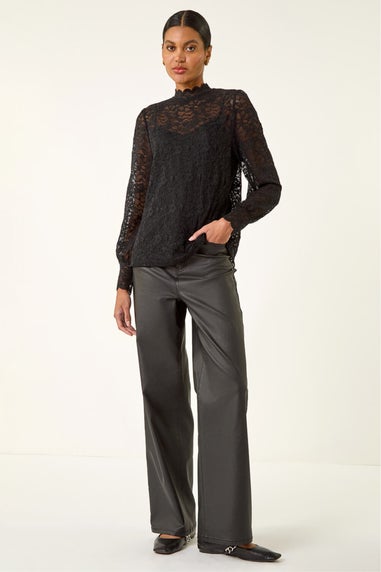 Roman Black Lace Frill High Neck Stretch Top