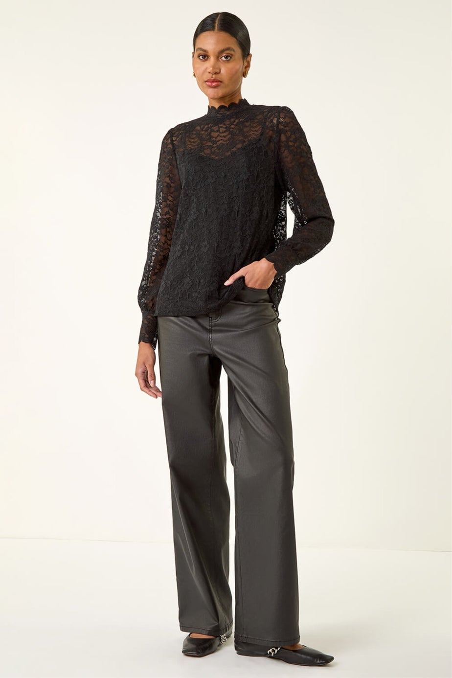 Roman Black Lace Frill High Neck Stretch Top