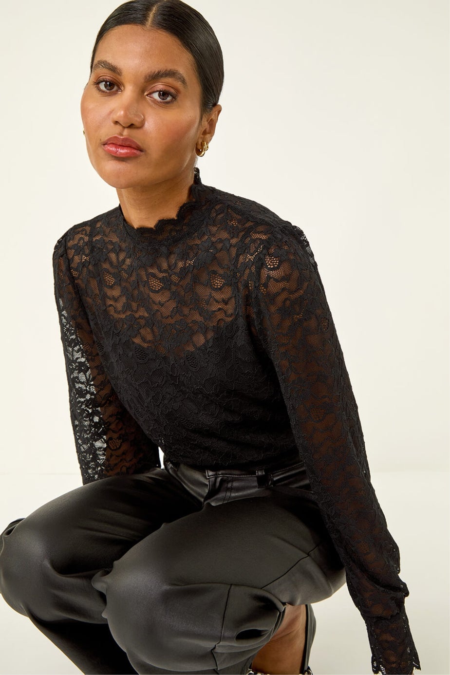 Roman Black Lace Frill High Neck Stretch Top