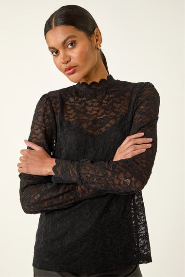 Roman Black Lace Frill High Neck Stretch Top