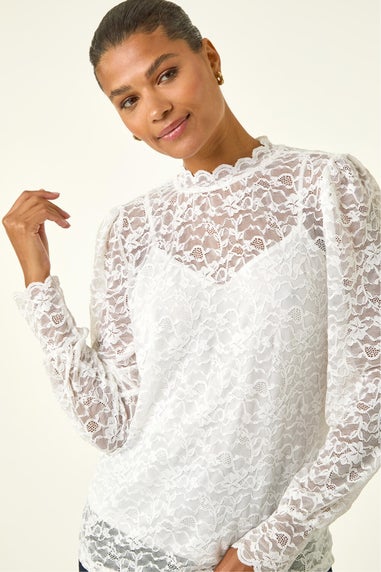 Roman Ivory Lace Frill High Neck Stretch Top