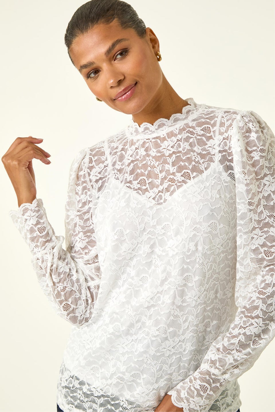 Roman Ivory Lace Frill High Neck Stretch Top