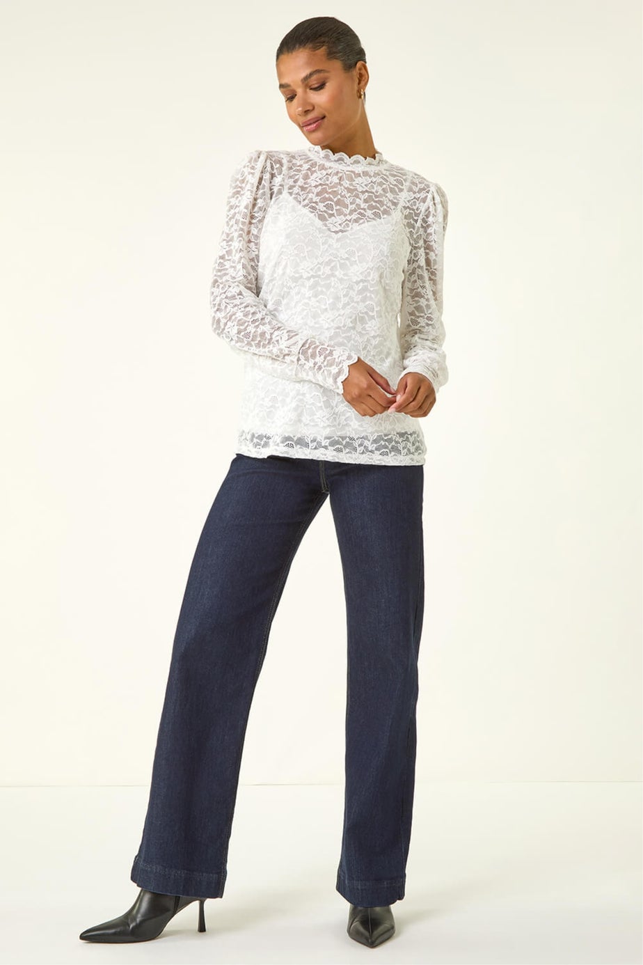 Roman Ivory Lace Frill High Neck Stretch Top