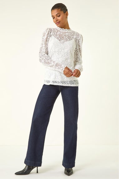 Roman Ivory Lace Frill High Neck Stretch Top