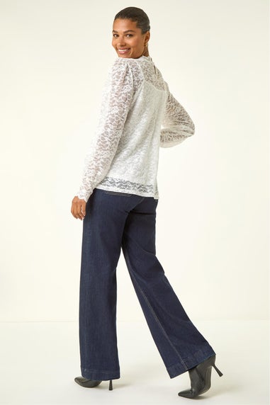 Roman Ivory Lace Frill High Neck Stretch Top