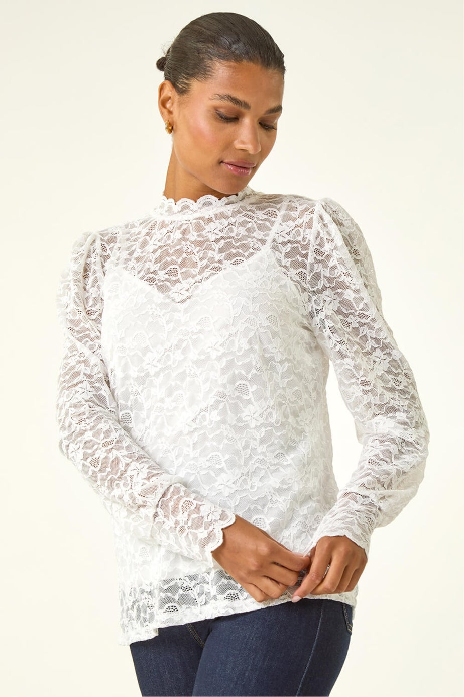 Roman Ivory Lace Frill High Neck Stretch Top